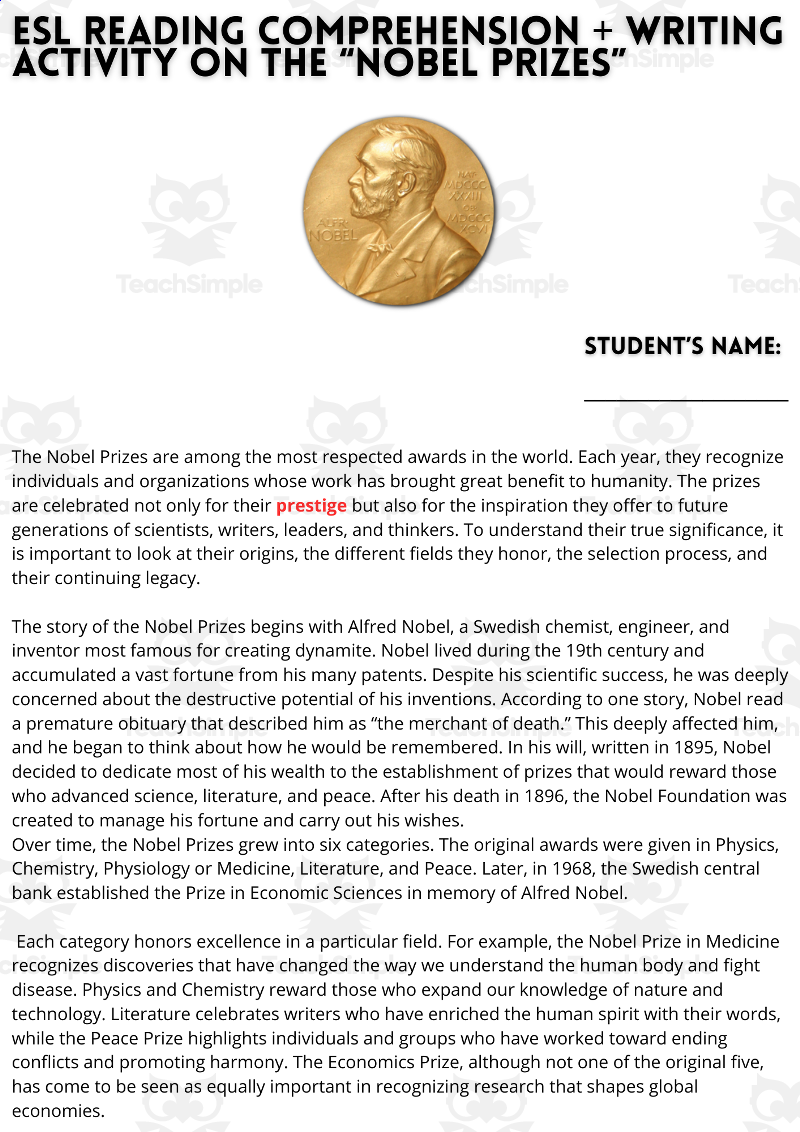 ESL Reading Comprehension Writing Activity Worksheets Nobel Prizes By Teach Simple
