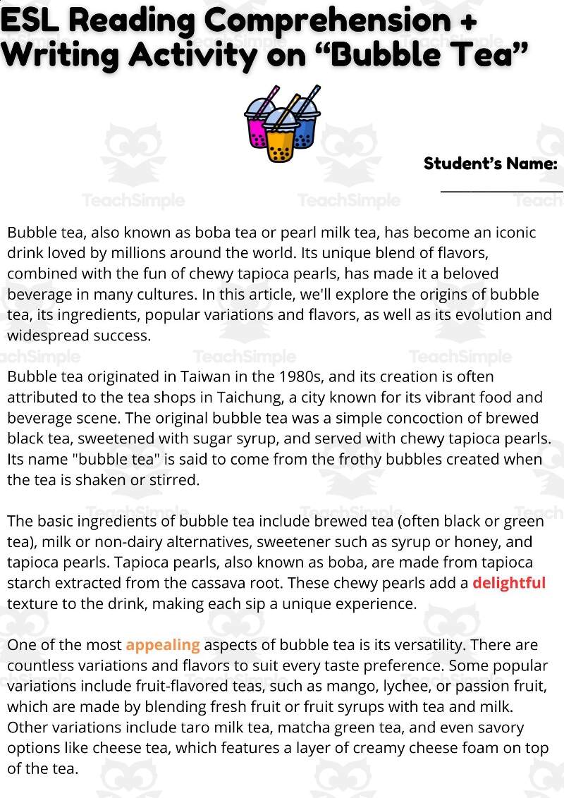 ESL Reading Comprehension Writing Activity Worksheets On Bubble Tea By Teach Simple