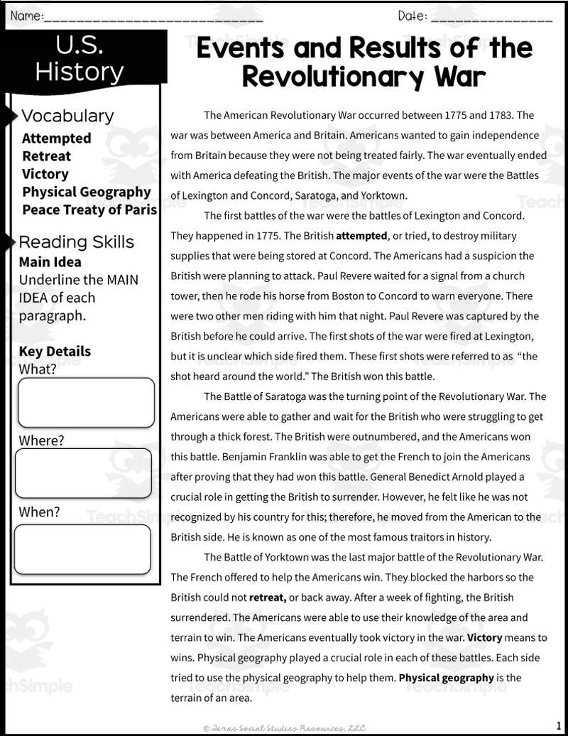 Events Of The Revolutionary War Reading Packet By Teach Simple Events Of The Revolutionary War Reading Packet By Teach Simple