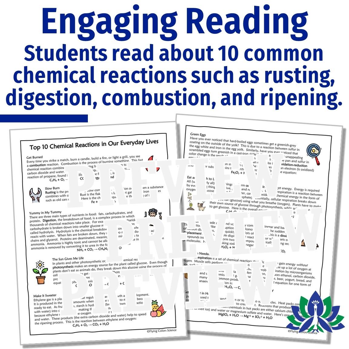 Everyday Chemical Reactions Reading And Worksheet Flying Colors Science