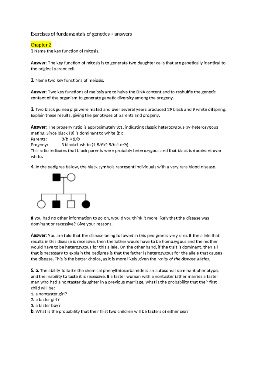 Exercises In Fundamentals Of Genetics Chapter 2 5 Answers Studeersnel Sexual Reproduction And Genetics Chapter 10 Notes Alexzander S Studocu