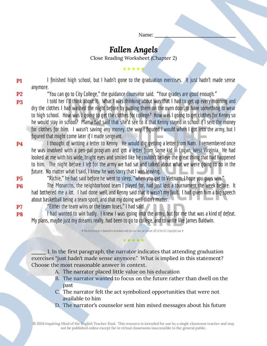 Fallen Angels Quiz And Close Reading Worksheets Bundle Chapters 1 4 Classful Reading Comprehension Worksheets Online Or Printable