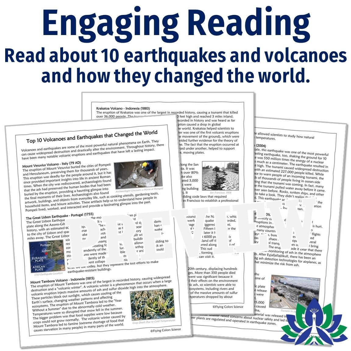 Famous Earthquakes And Volcanoes Reading And Worksheet Flying Colors Science