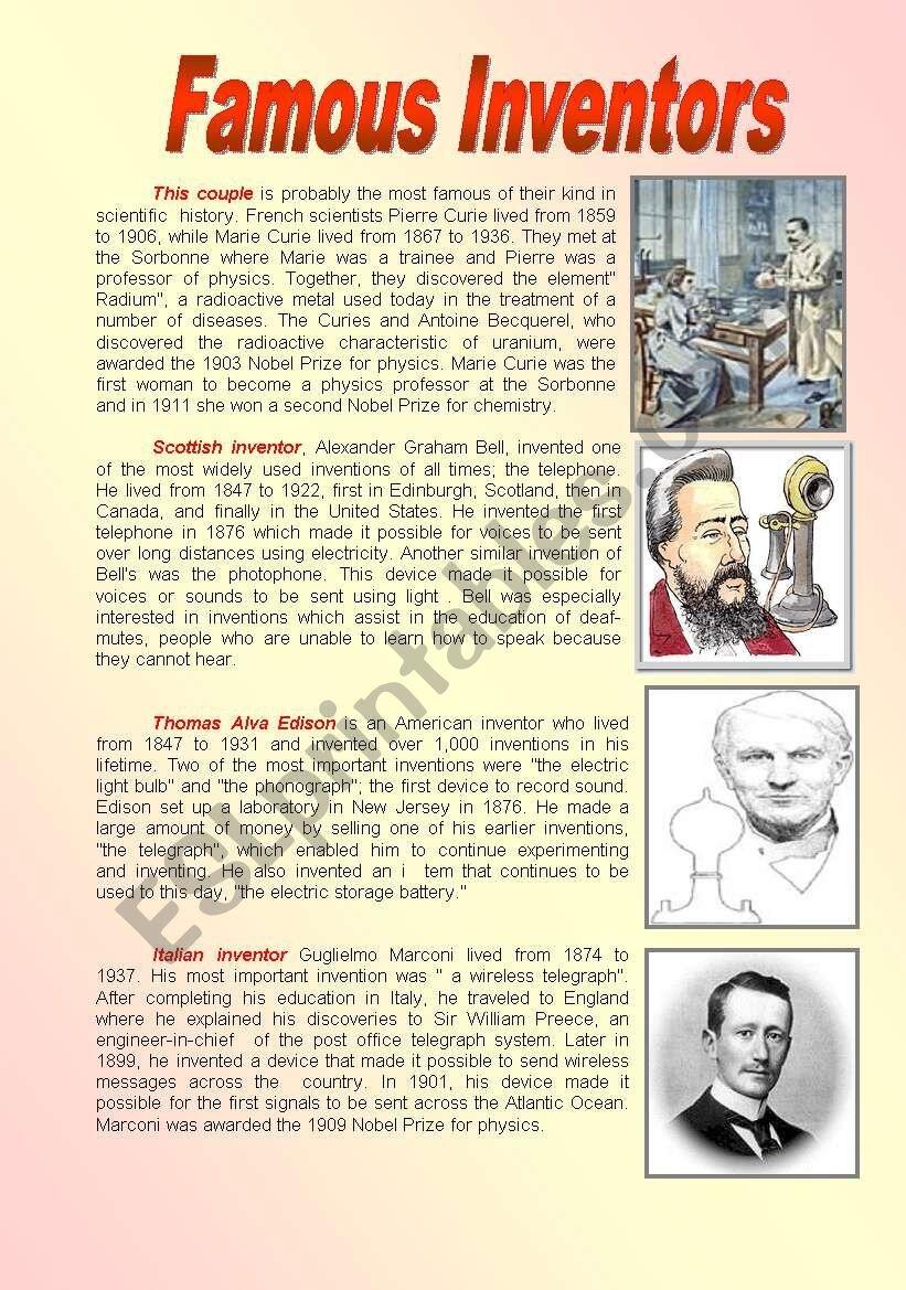 Famous Inventors Reading Comprehension ESL Worksheet By Profy2007 Famous Inventors Reading Comprehension ESL Worksheet By Profy2007