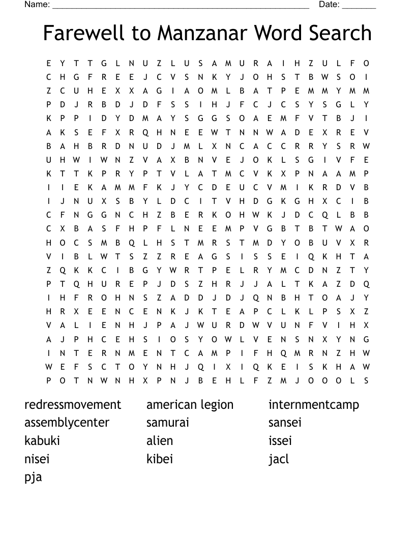 Farewell To Manzanar Word Search WordMint Farewell To Manzanar Word Search WordMint