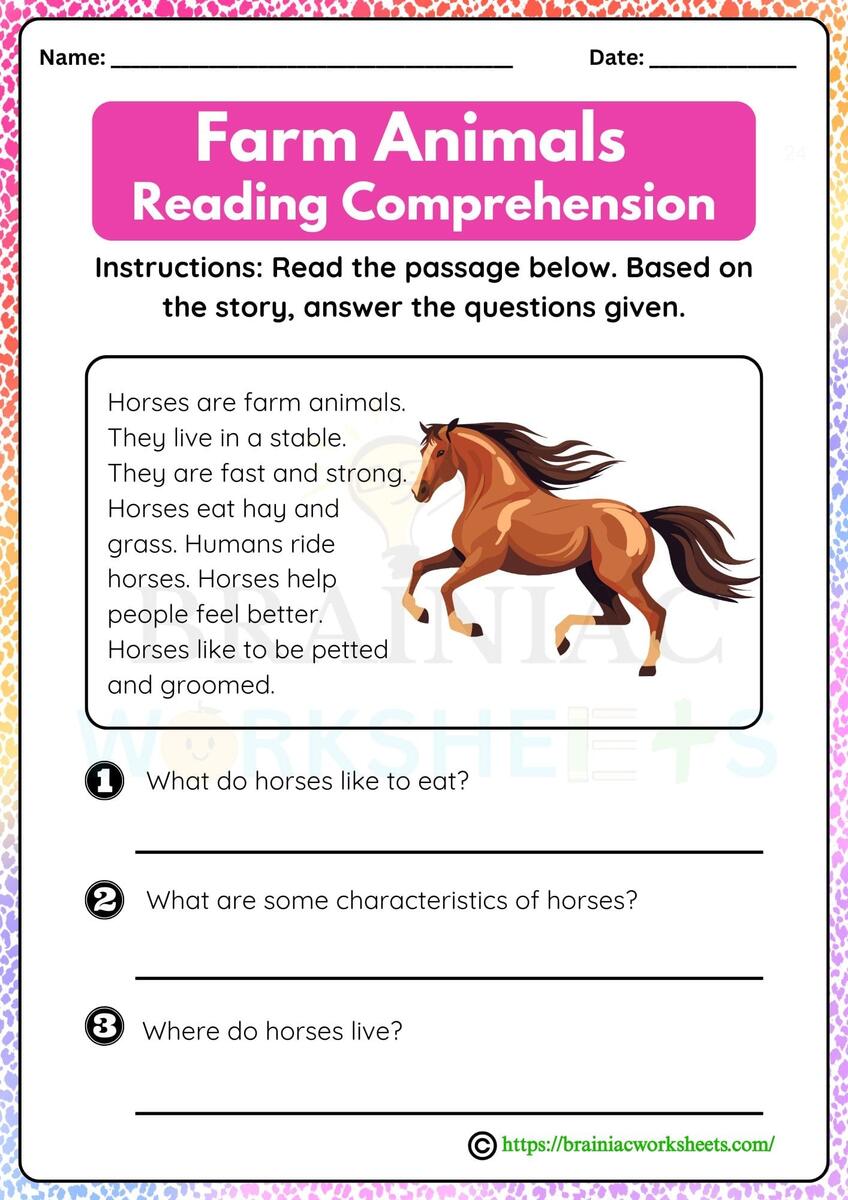 Farm Animals Horse Reading Comprehension English Worksheet For Class 2 Brainiac Worksheets