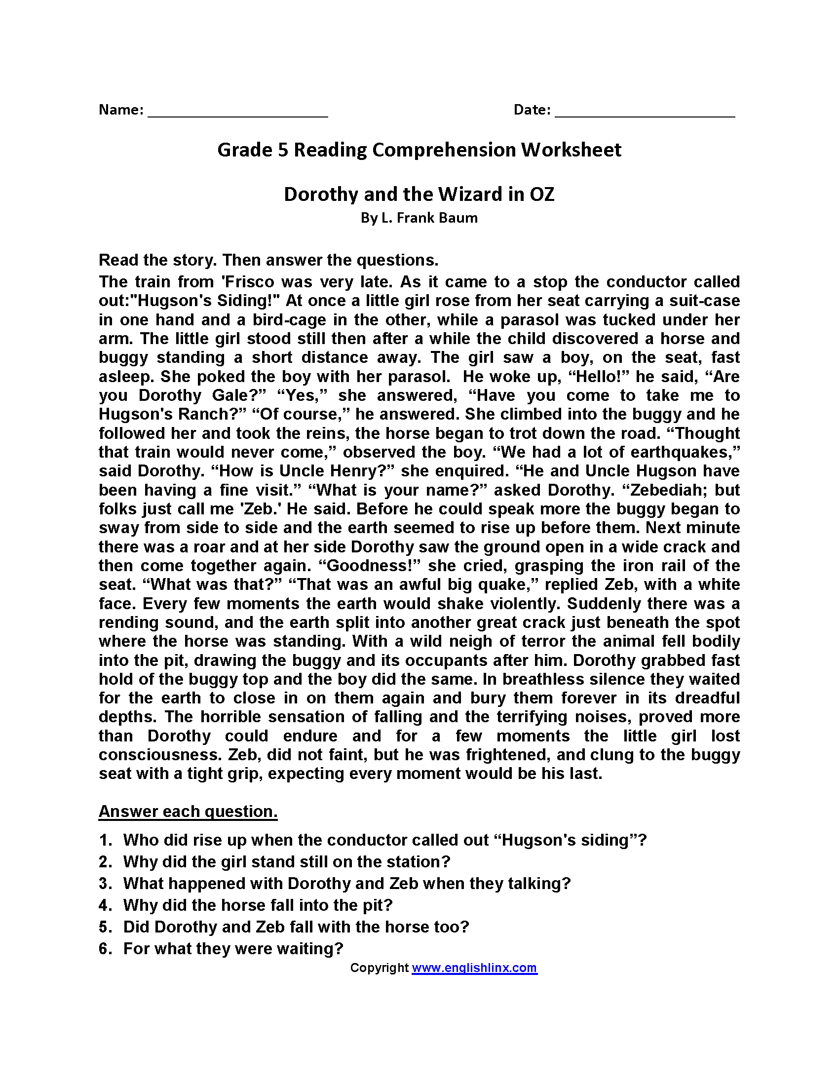 Fifth Grade Reading Worksheets Improve Fluency Vocabulary Reading Comprehension Passages 5W S Short Stories Made By Teachers