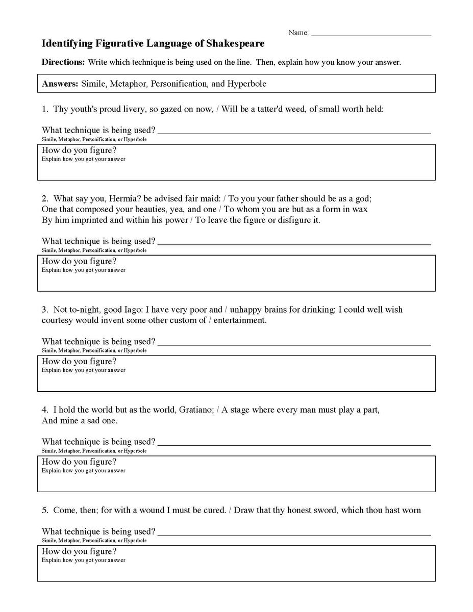 Figurative Language Of Shakespeare Reading Activity Othello Act 2 Scene 3 Close Reading Analysis Worksheet And Answer Key Classful