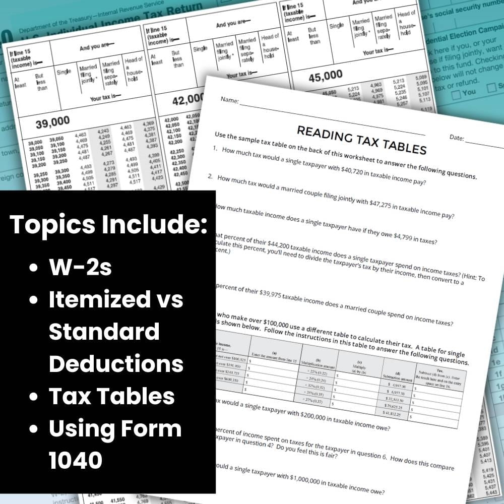 Filing Federal Income Tax Financial Literacy Unit Using W 2s And Form 1040 CKMath