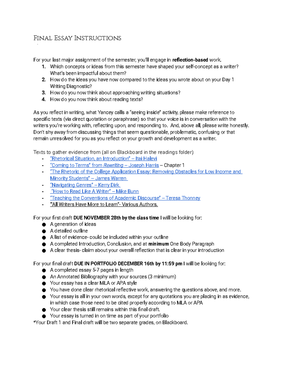 Final Essay Instructions For Reflection On Writing Growth Studocu