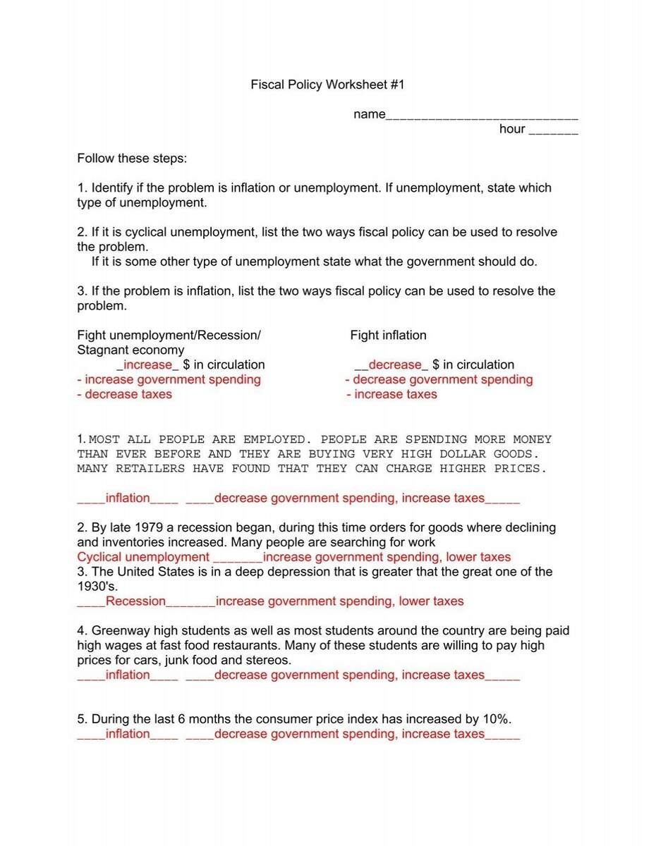 Fiscal Policy Worksheet 1 With Answers Pdf Moon Valley High School