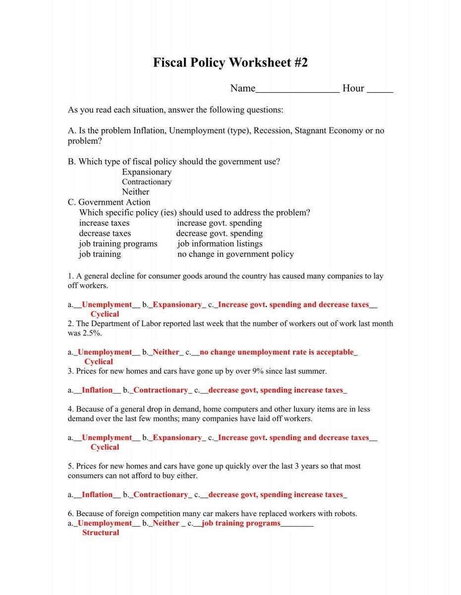 Fiscal Policy Worksheet 2 With Answers Pdf
