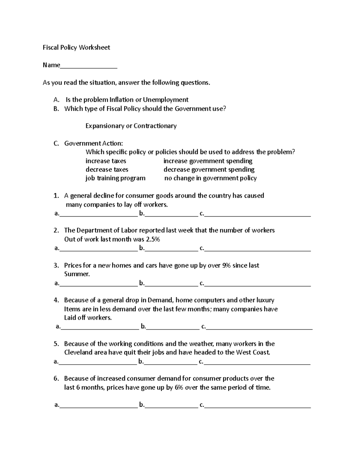 Fiscal Policy Worksheet Addressing Inflation And Unemployment Issues Studocu