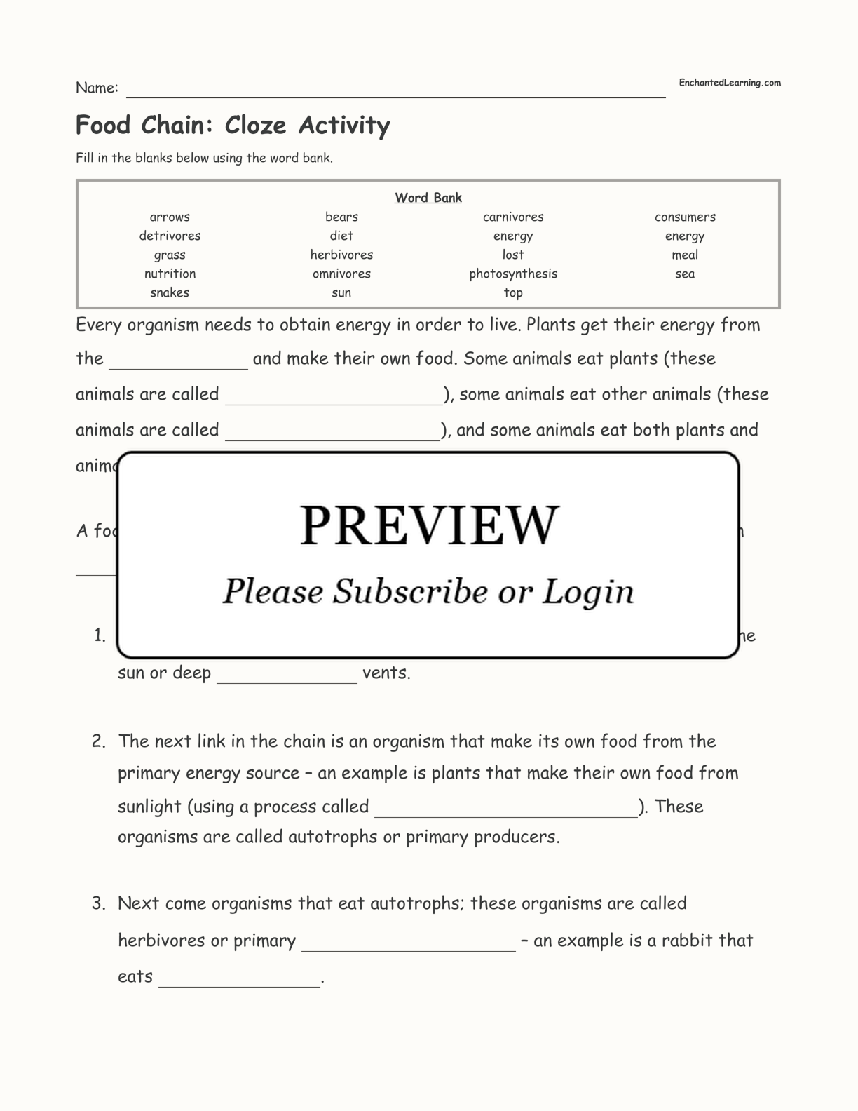 Food Chain Cloze Activity Enchanted Learning