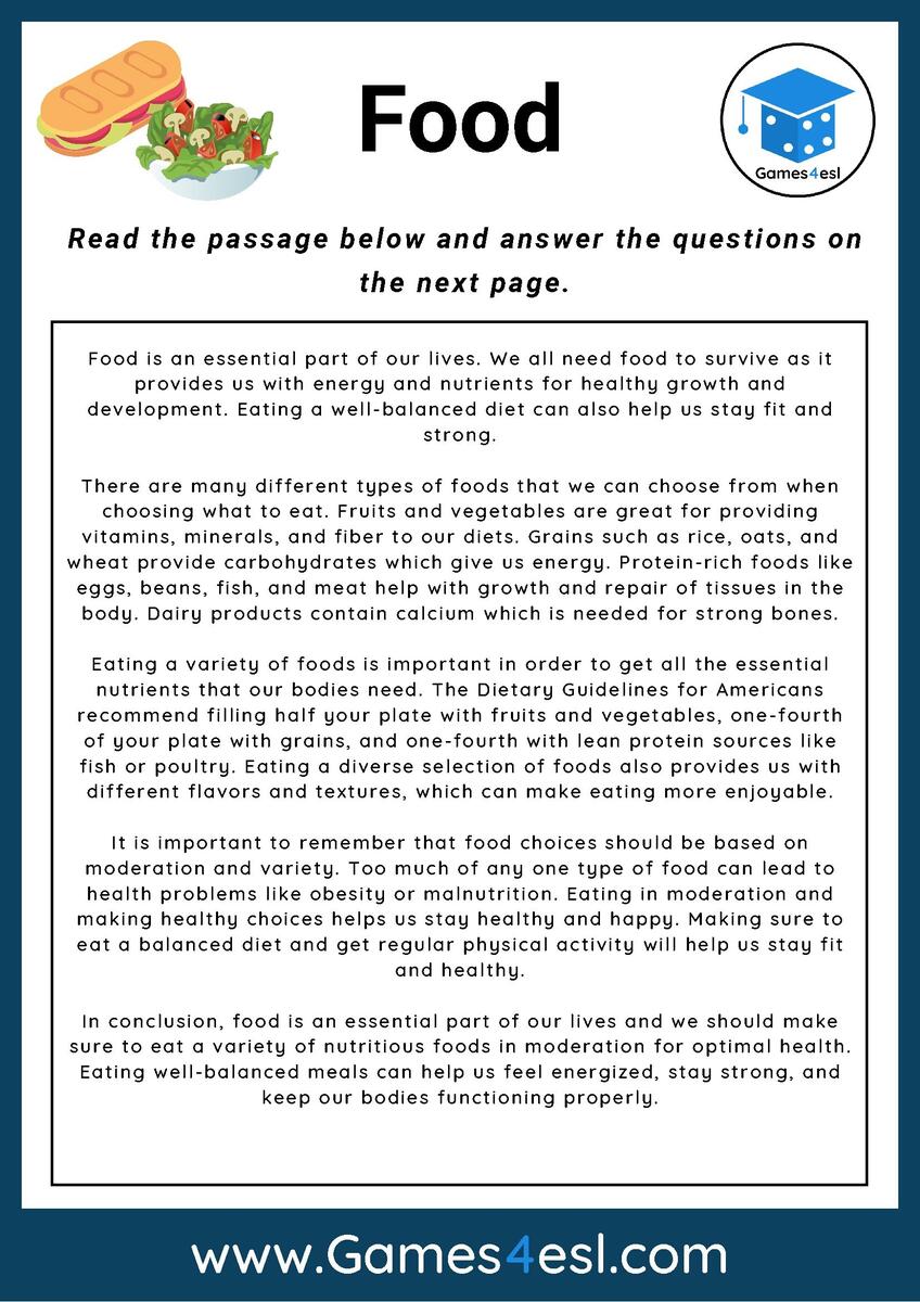 Food Reading Comprehension Worksheet Games4esl