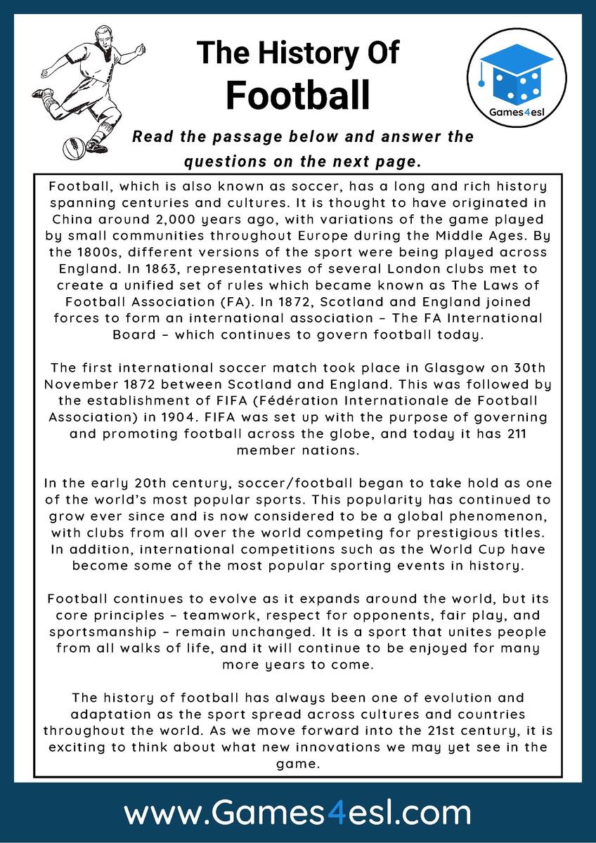 Football Reading Comprehension Worksheet Games4esl