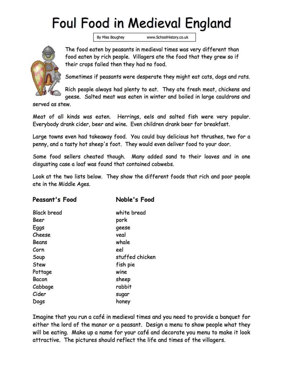 Foul Foods In Medieval England Free PDF Worksheet Year 8 9