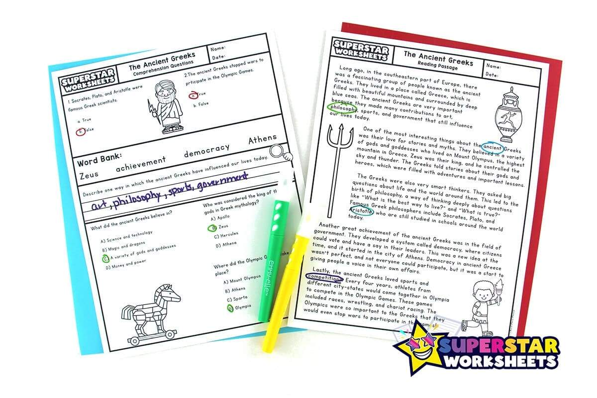 Fourth Grade Reading Comprehension Superstar Worksheets Mythology Characters Gods Goddesses Heroes Creatures