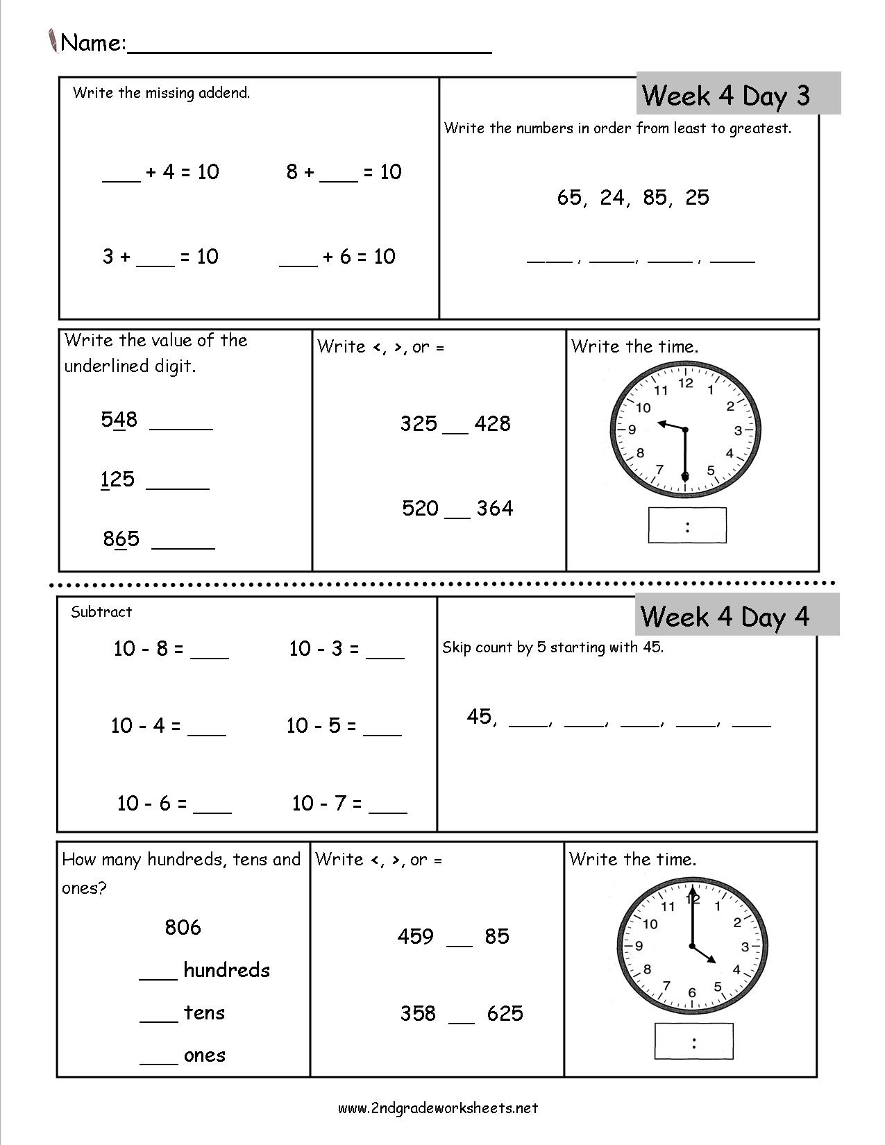 Free 2nd Grade Daily Math Worksheets 1st Grade Math Worksheets Free Printables