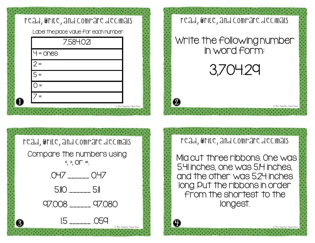 FREE 5th Grade Read Write And Compare Decimals Task Cards The Teacher Next Door 5th Grade Place Value Worksheets