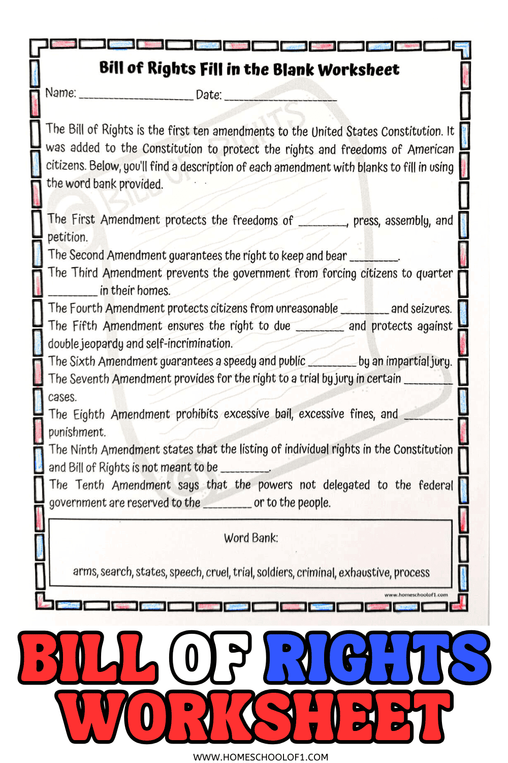 Free Bill Of Rights Worksheet Fill In The Blank