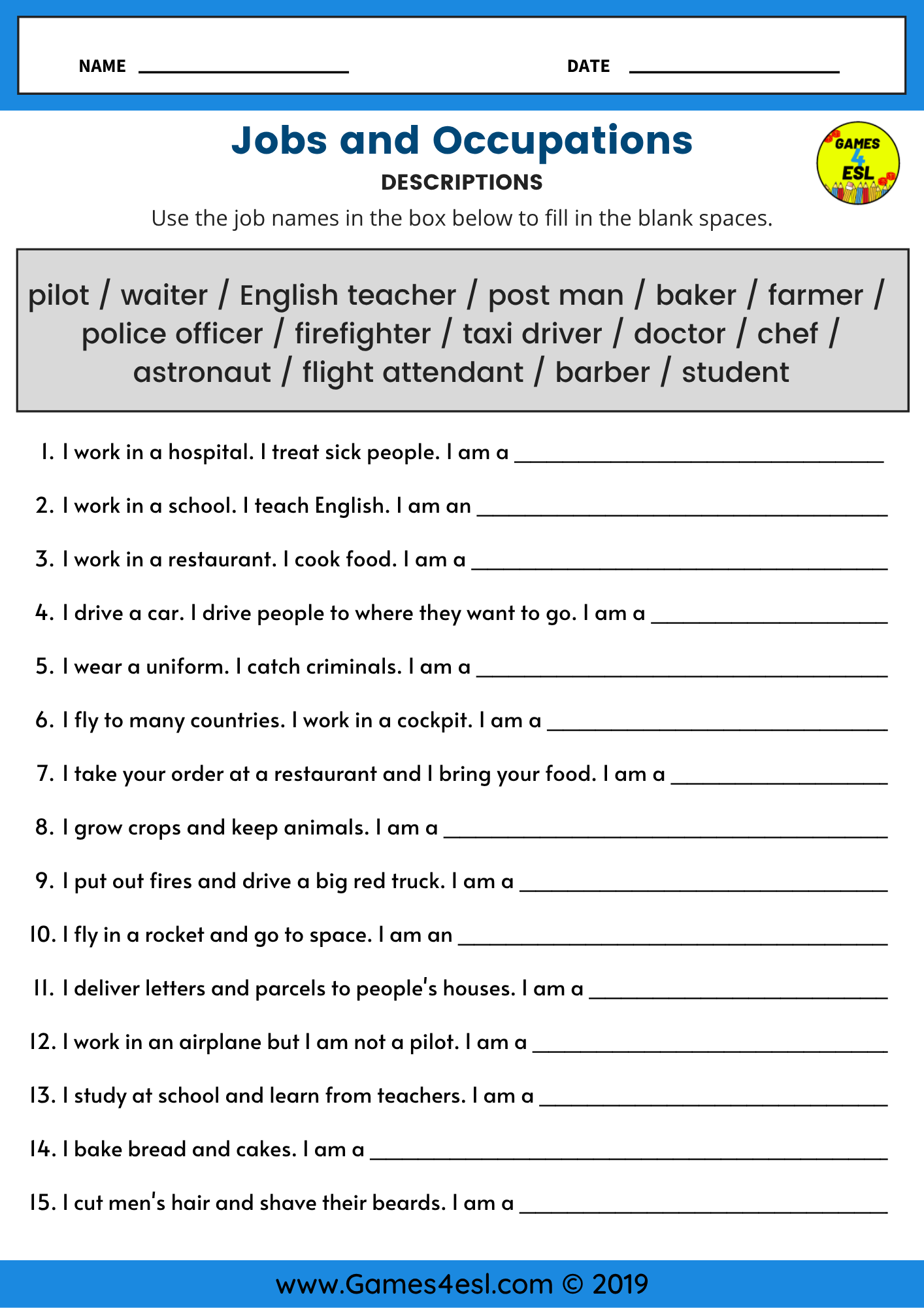 Free ESL Jobs And Occupations Worksheets Games4esl