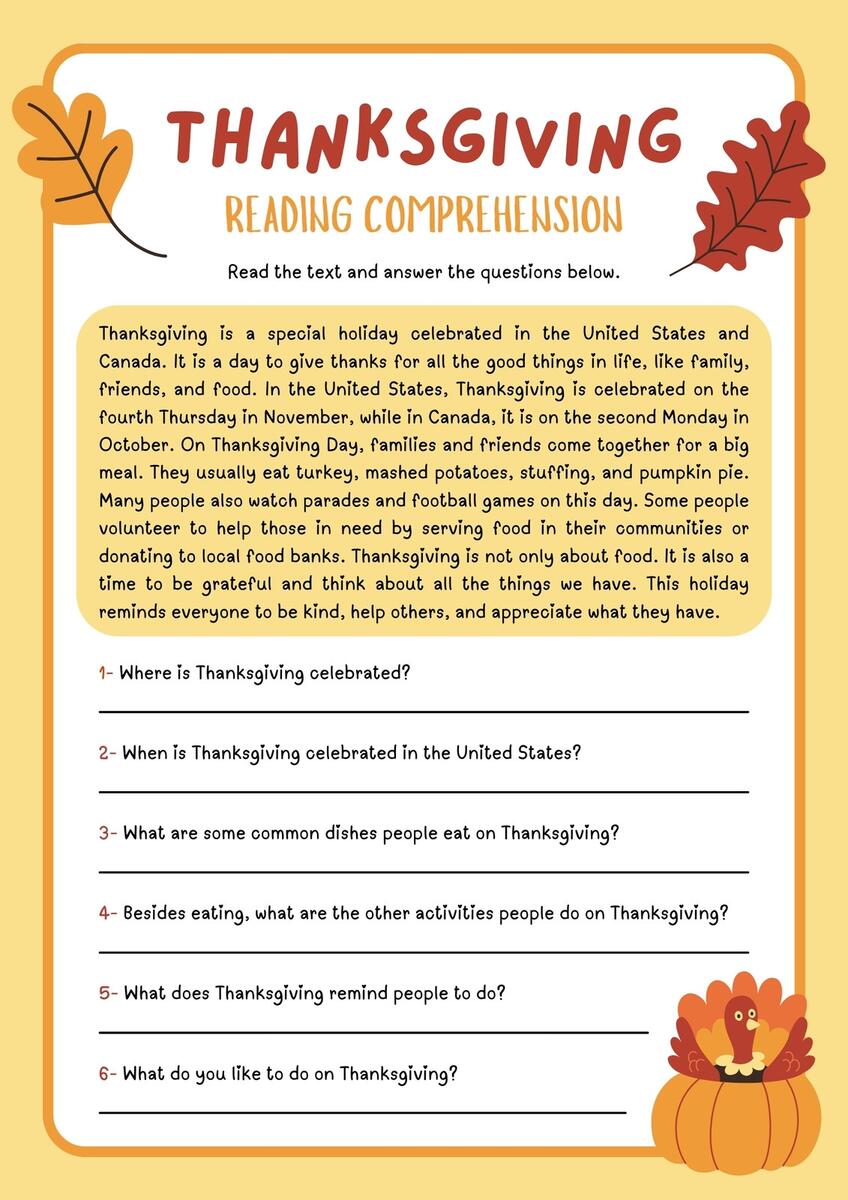 Thanksgiving Reading Comprehension Passages And Activities