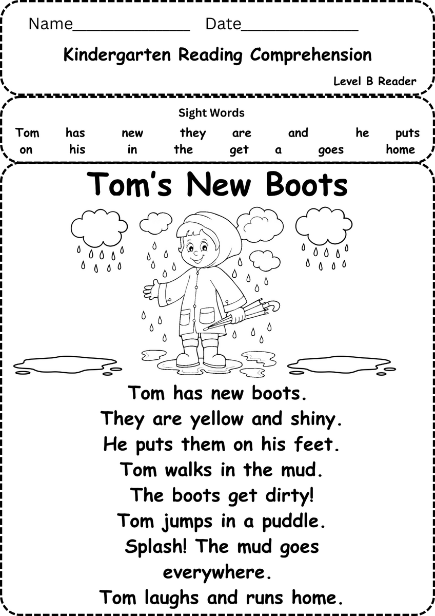 Free Reading Comprehension Kindergarten Level B Tom S New Boots Free Reading Comprehension Kindergarten Level B Tom S New Boots
