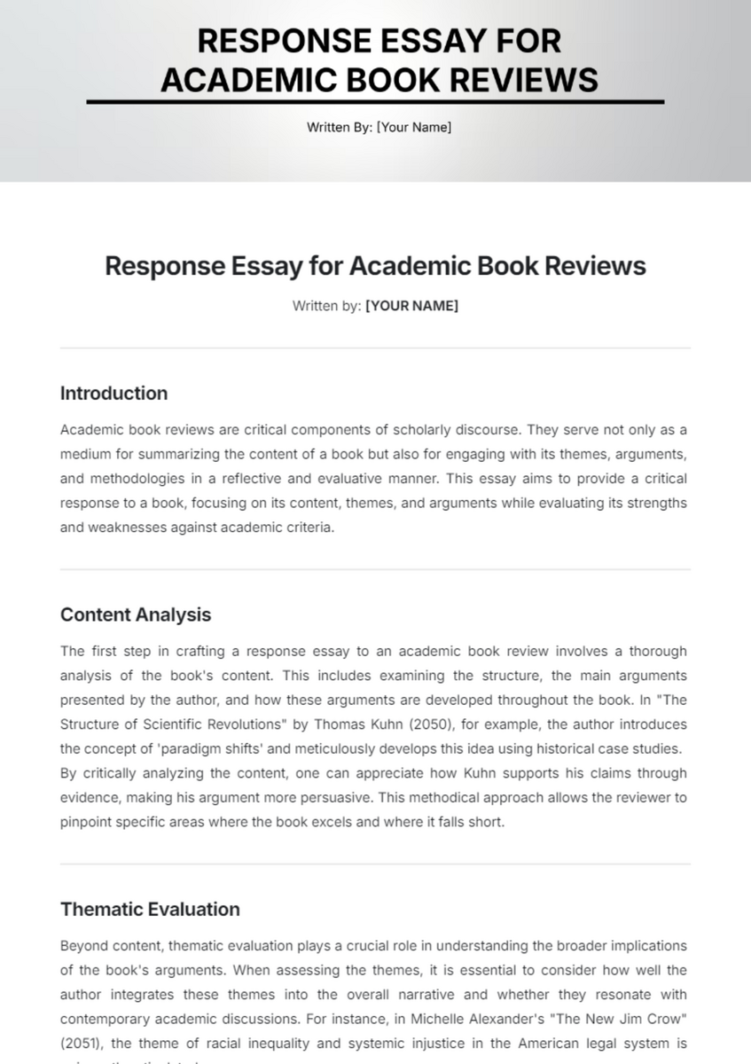 Free Response Essay For Academic Book Reviews Template To Edit Online