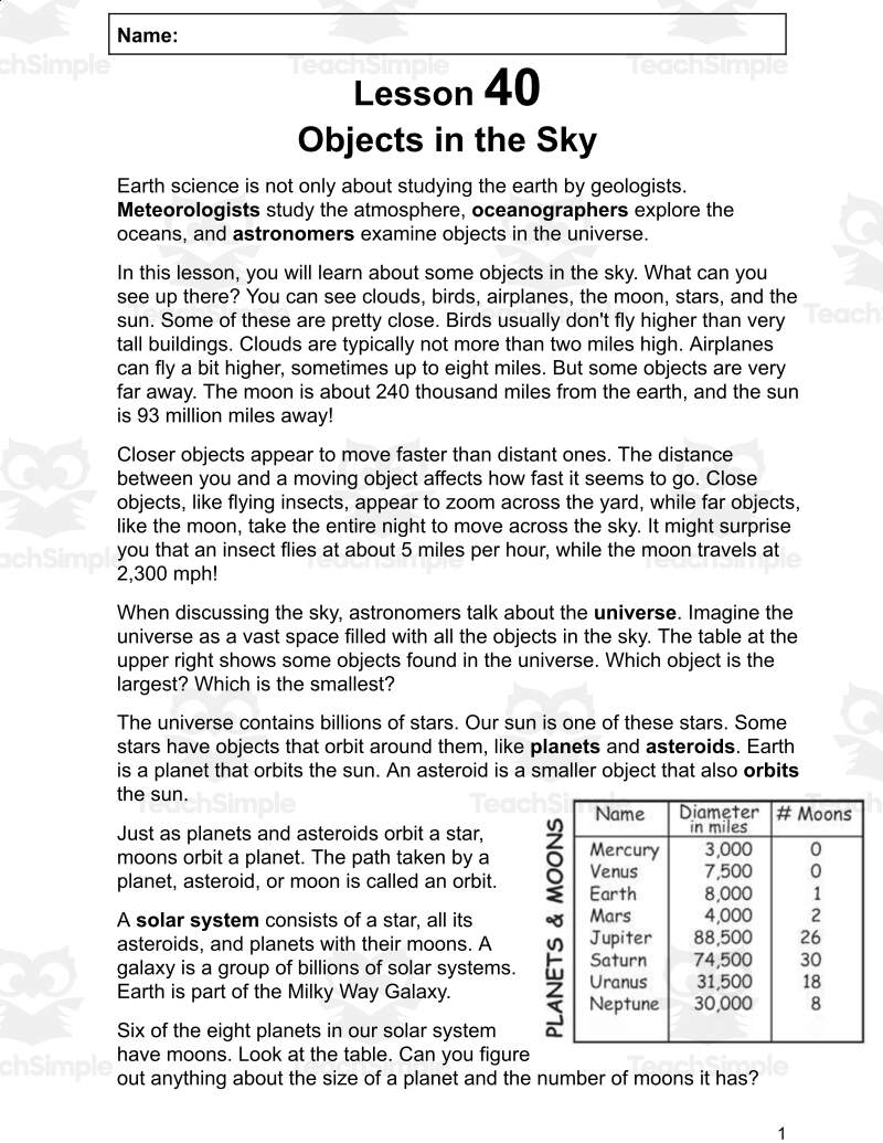 Free Science Reading Comprehension Passage Objects In The Sky PDF By Teach Simple