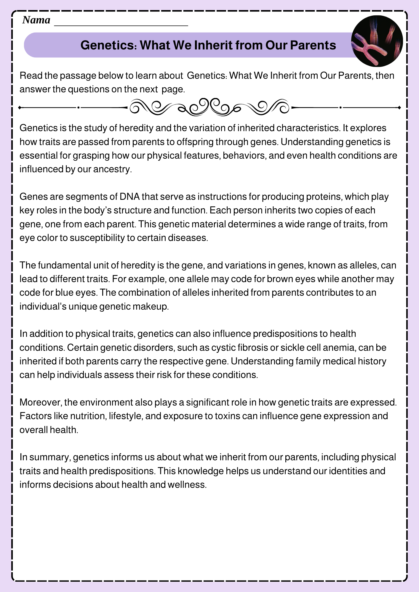 Genetics What We Inherit From Our Parents Reading Comprehension Worksheet Teaching Resources Genetics What We Inherit From Our Parents Reading Comprehension Worksheet Teaching Resources