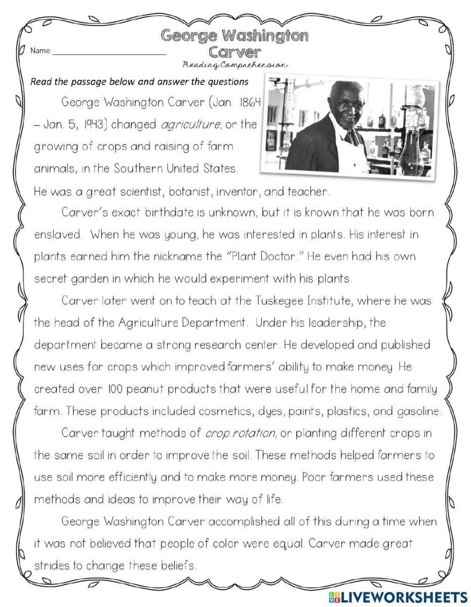 George Washington Carver Reading Comprehension Online Exercise Worksheets Library George Washington Carver Reading Comprehension Online Exercise Worksheets Library