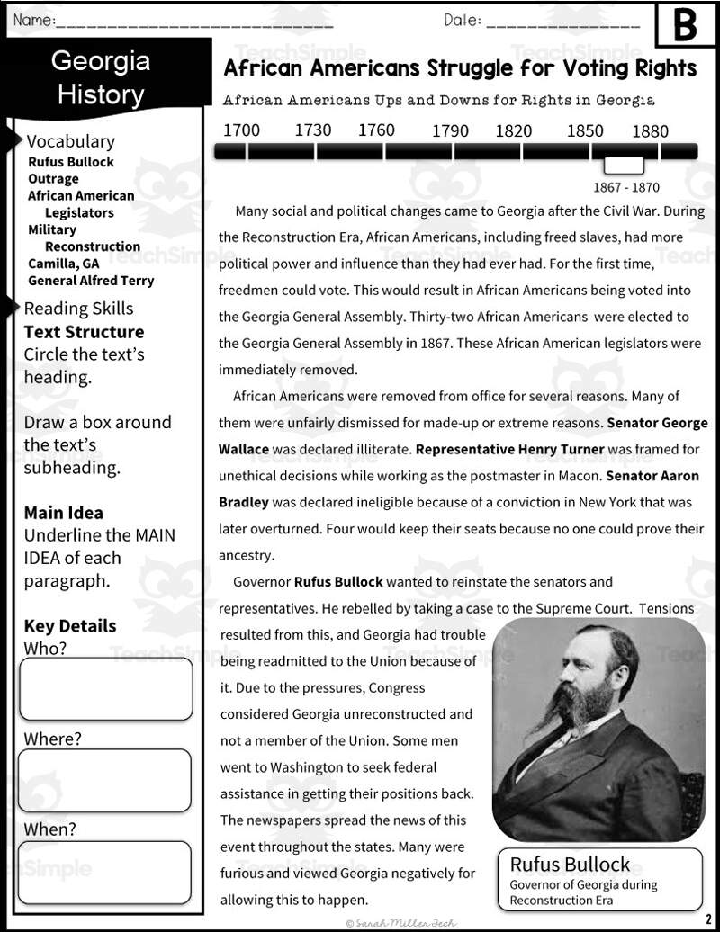 Georgia Reconstruction Reading Packet By Teach Simple