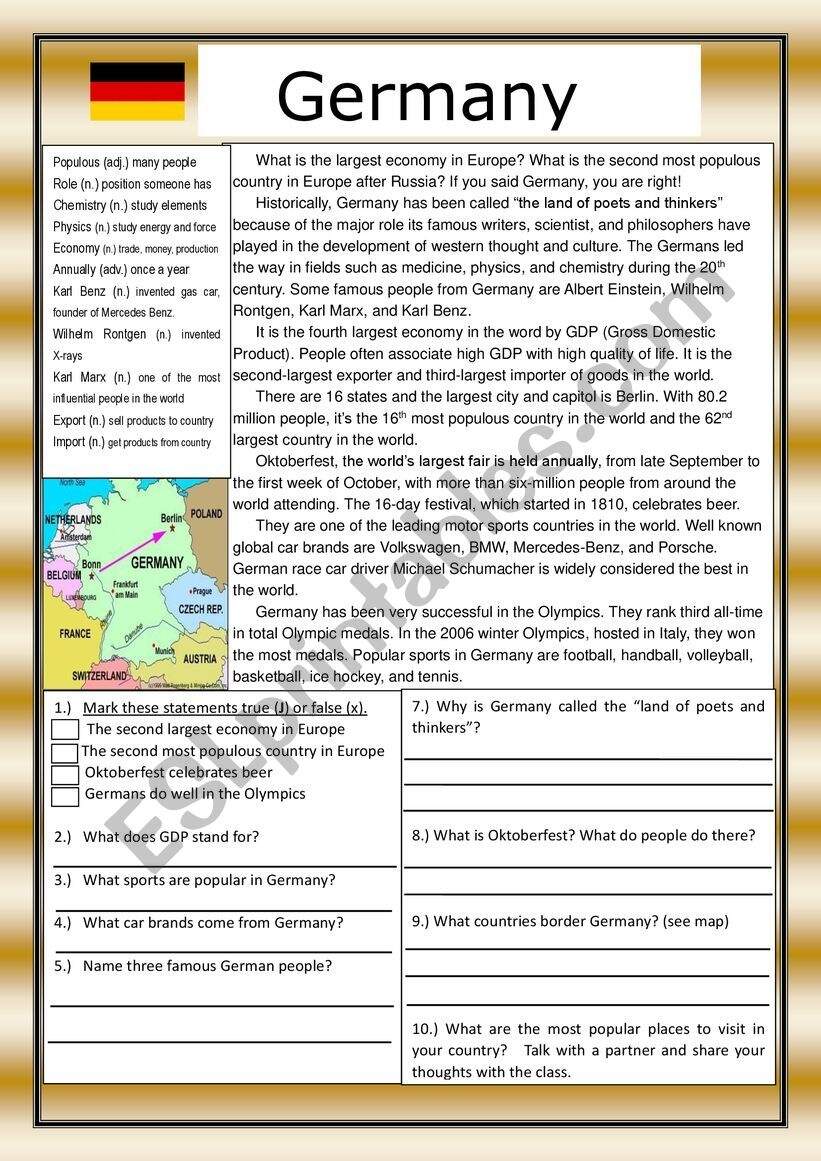 Germany Reading Comprehension Practice Exercises With Definitions ESL Worksheet By Teacherblake Germany Reading Comprehension Practice Exercises With Definitions ESL Worksheet By Teacherblake