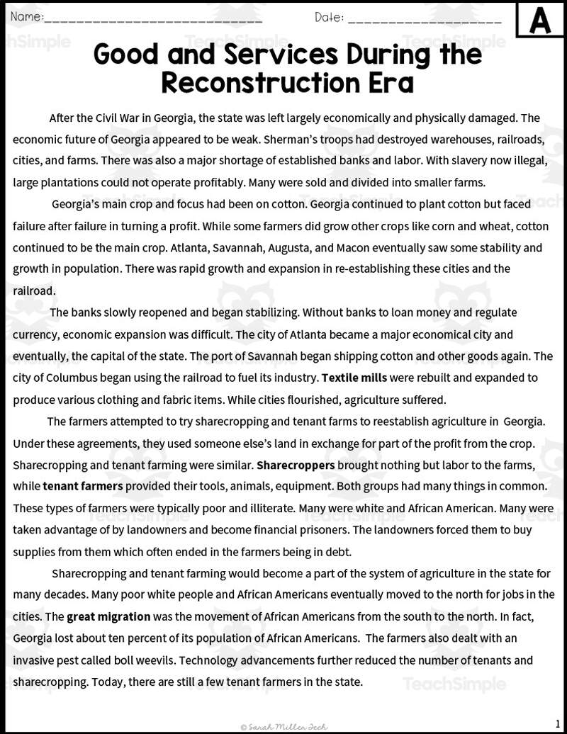 Goods Services During The Reconstruction Era Reading Packet By Teach Simple