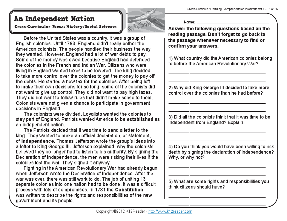 Gr3 Wk35 Cross Curricular Reading On America S Independence Studocu