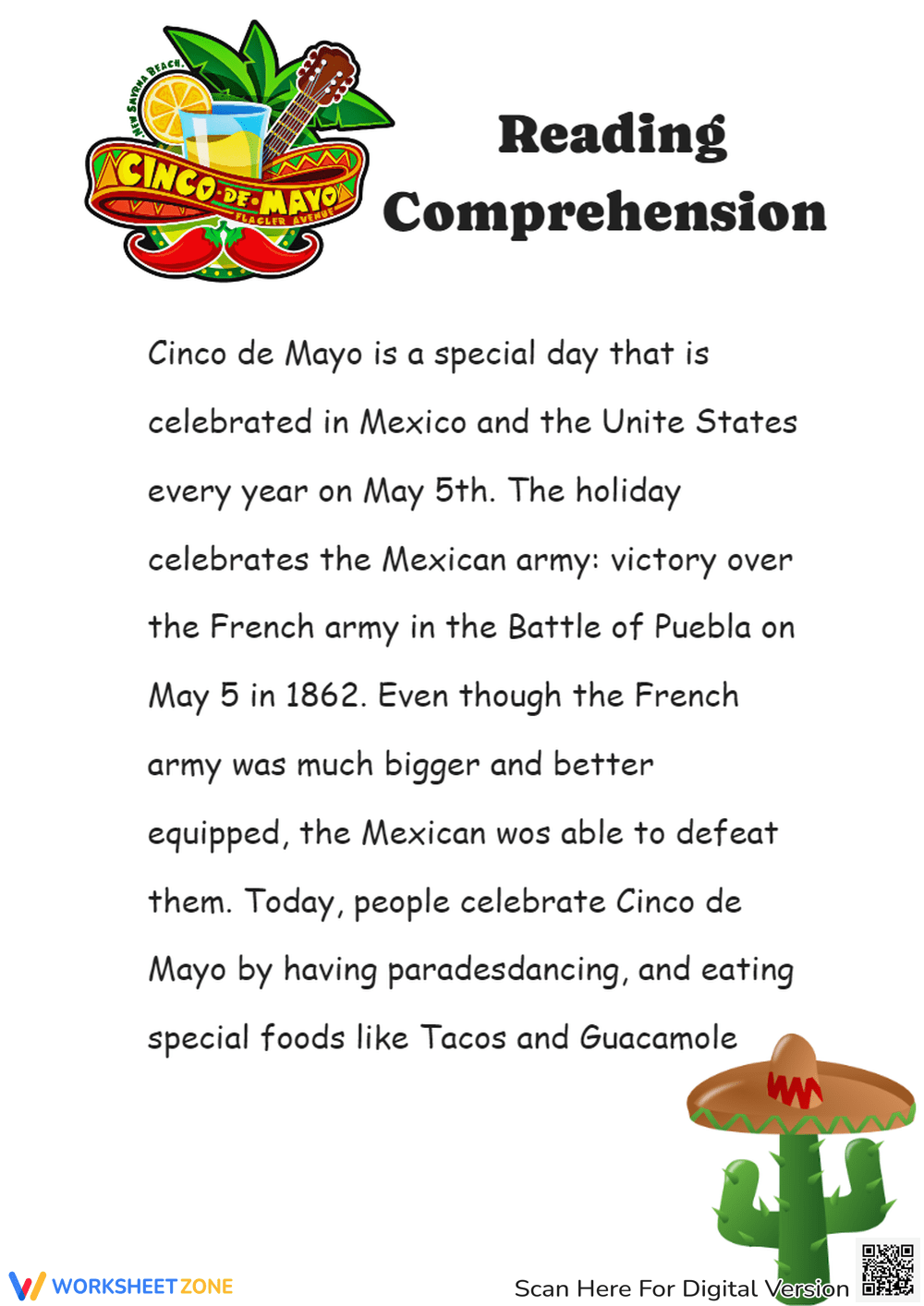 Grade 5 Cinco De Mayo English Language Arts ELA Worksheets