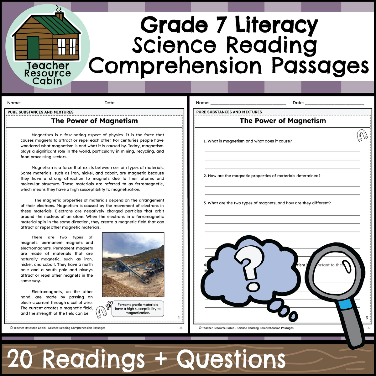 Grade 7 Science Reading Comprehension Passages And Questions Teacher Resource Cabin Seventh Grade Reading Worksheets Vocabulary Fluency Practice