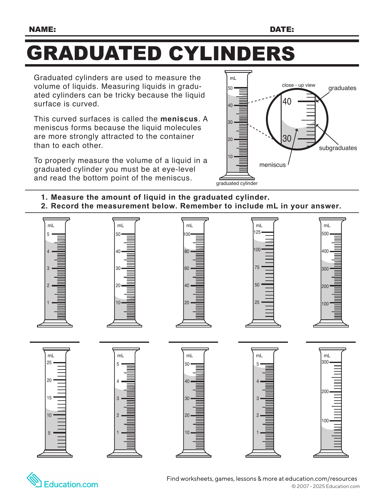 Graduated Cylinders Measuring Liquid Volume Worksheet Graduated Cylinders Measuring Liquid Volume Worksheet