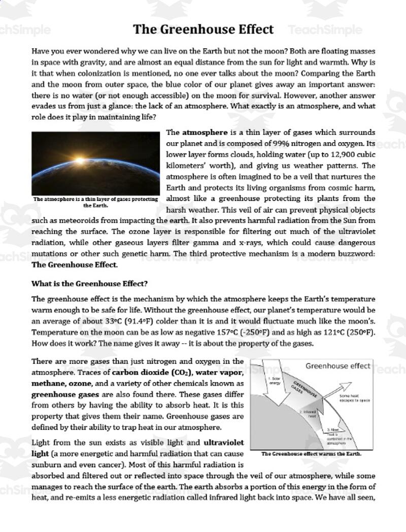 Greenhouse Effect Reading Article Grade 8 And Up By Teach Simple Greenhouse Effect Reading Article Grade 8 And Up By Teach Simple