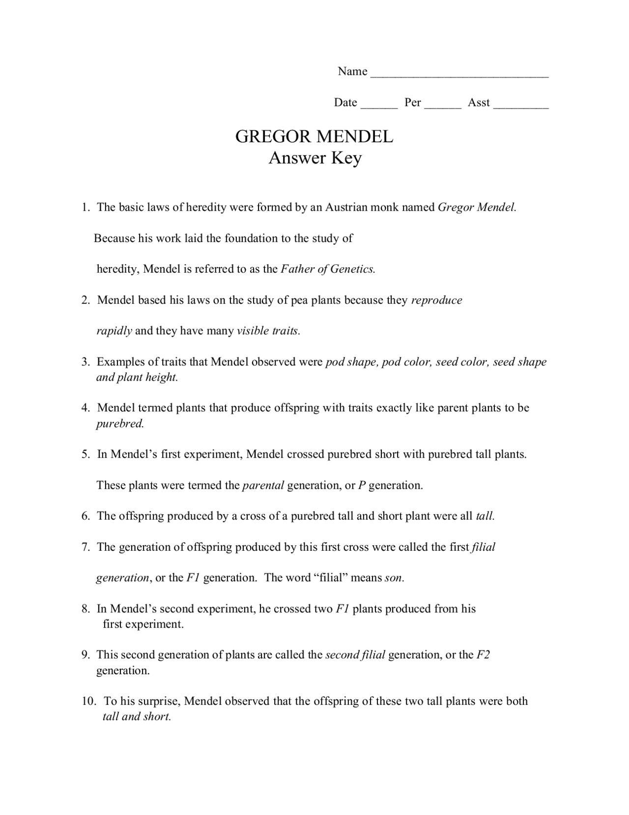 GREGOR MENDEL Answer Key Slides Genetics Docsity