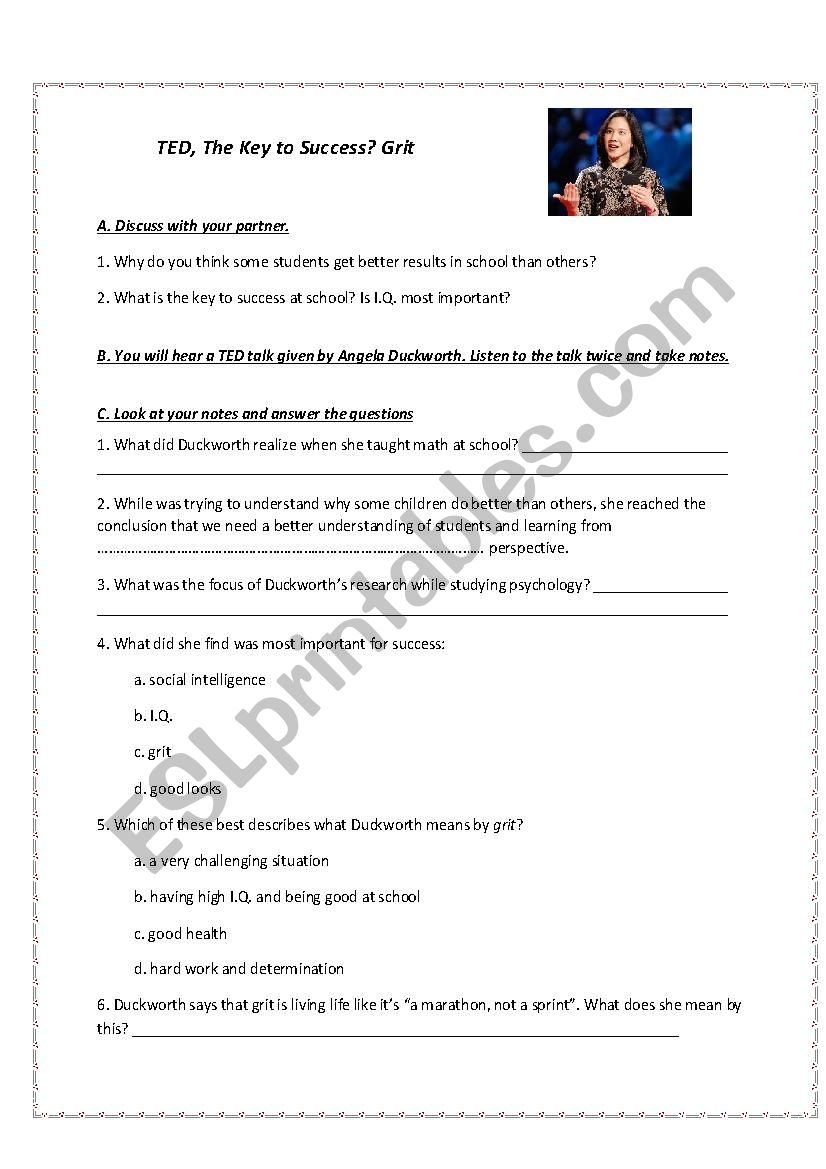 Grit The Key To Success TED ESL Worksheet By Dzheleva