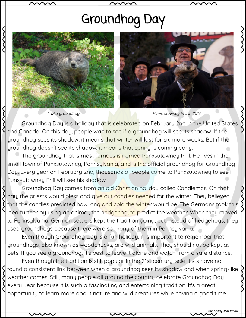 Groundhog Day Reading Passage Print Digital For 3rd 4th 5th And 6th Grade Classful
