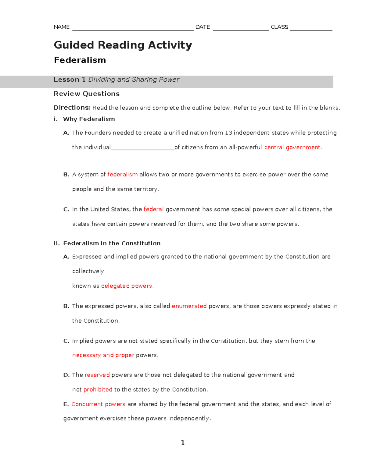 Guided Reading Activity Federalism Chapter 4 Lesson 1 Studocu