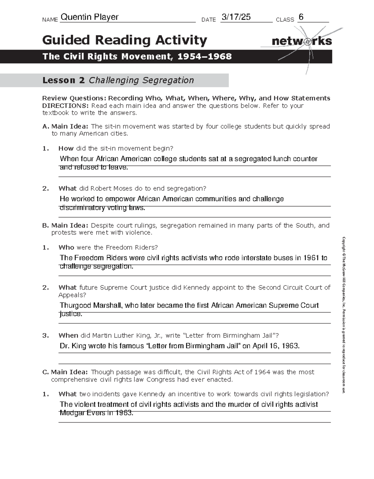 Guided Reading Activity Civil Rights Movement 1954 1968 Lesson 3 Studocu