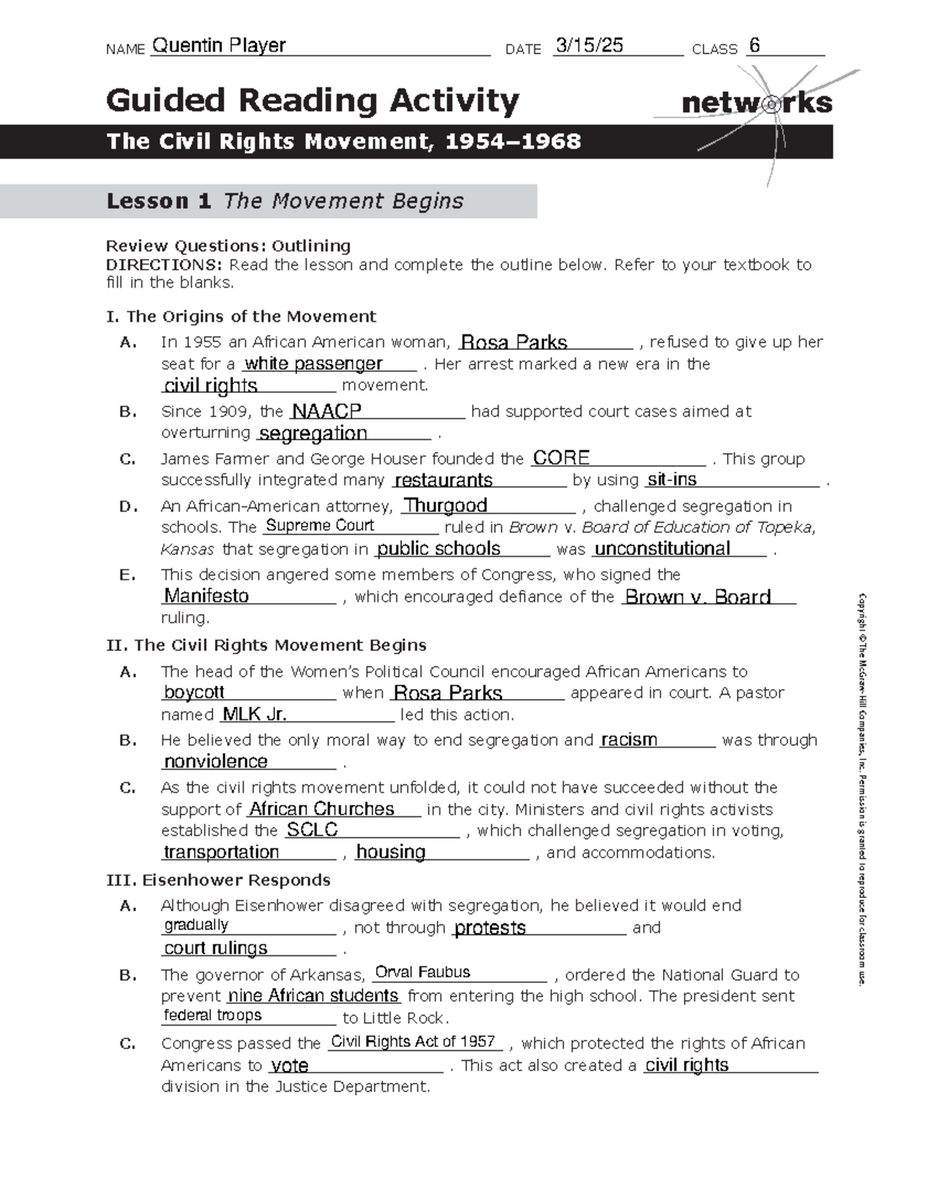 Guided Reading Activity U S Civil Rights Movement 1954 1968 Studocu