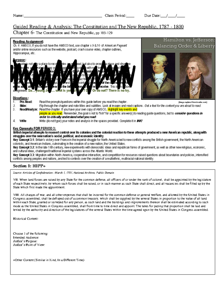 Guided Reading Analysis The Constitution New Republic AMSCO Ch 6 Studocu