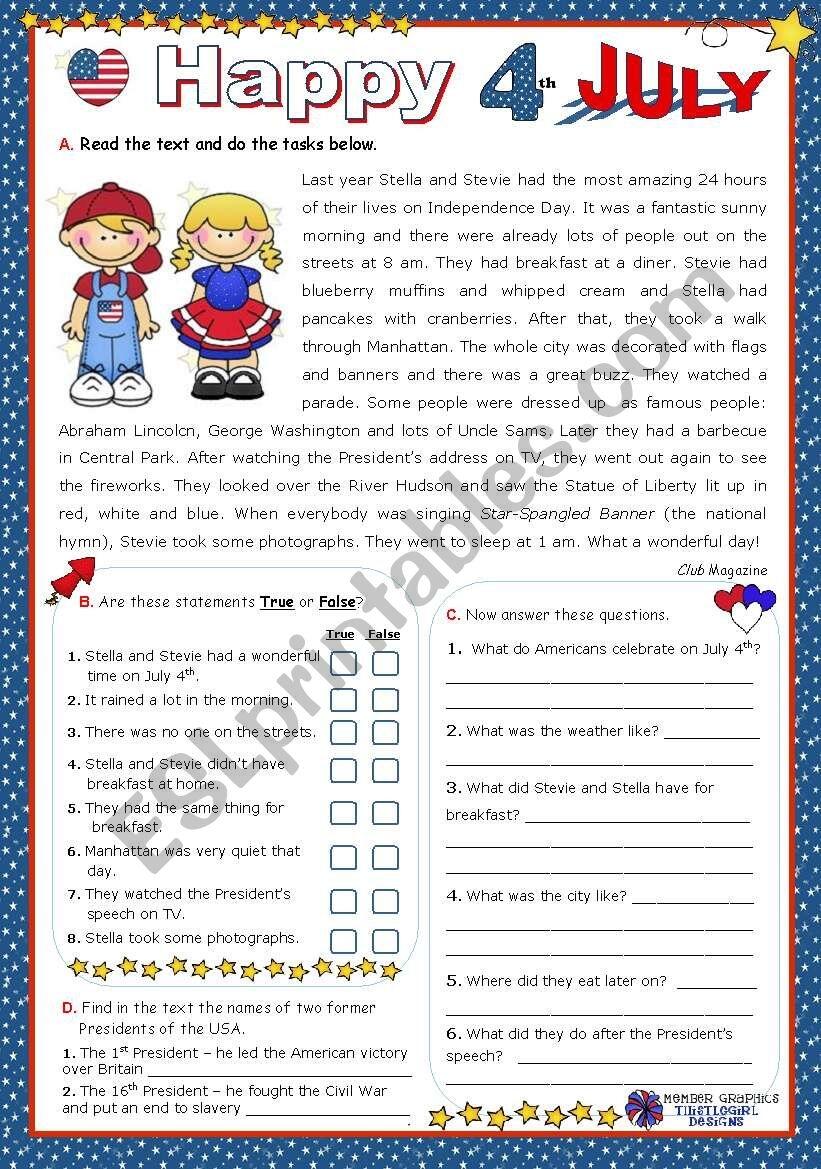 Happy 4th July Series 4 Reading Comprehension ESL Worksheet By Mena22 Happy 4th July Series 4 Reading Comprehension ESL Worksheet By Mena22