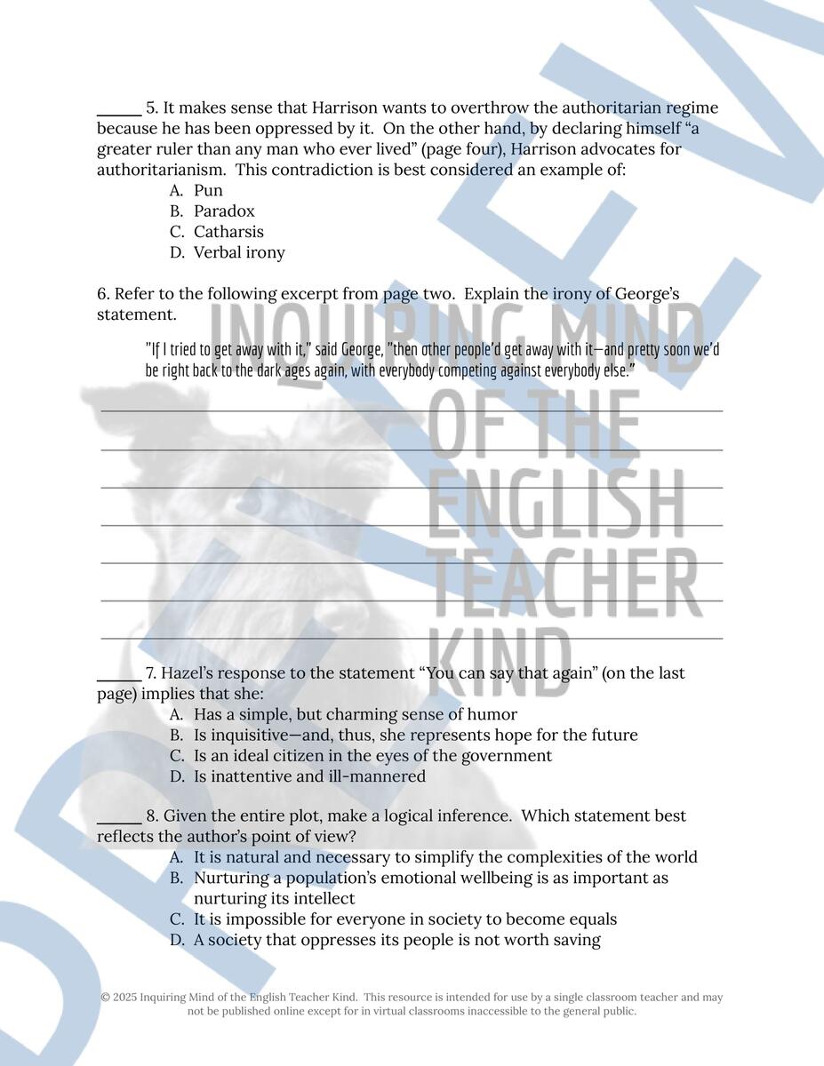 Harrison Bergeron By Kurt Vonnegut Close Reading Worksheet Made By Teachers