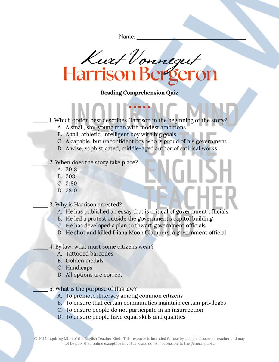 Harrison Bergeron By Kurt Vonnegut Close Reading Worksheet Made By Teachers
